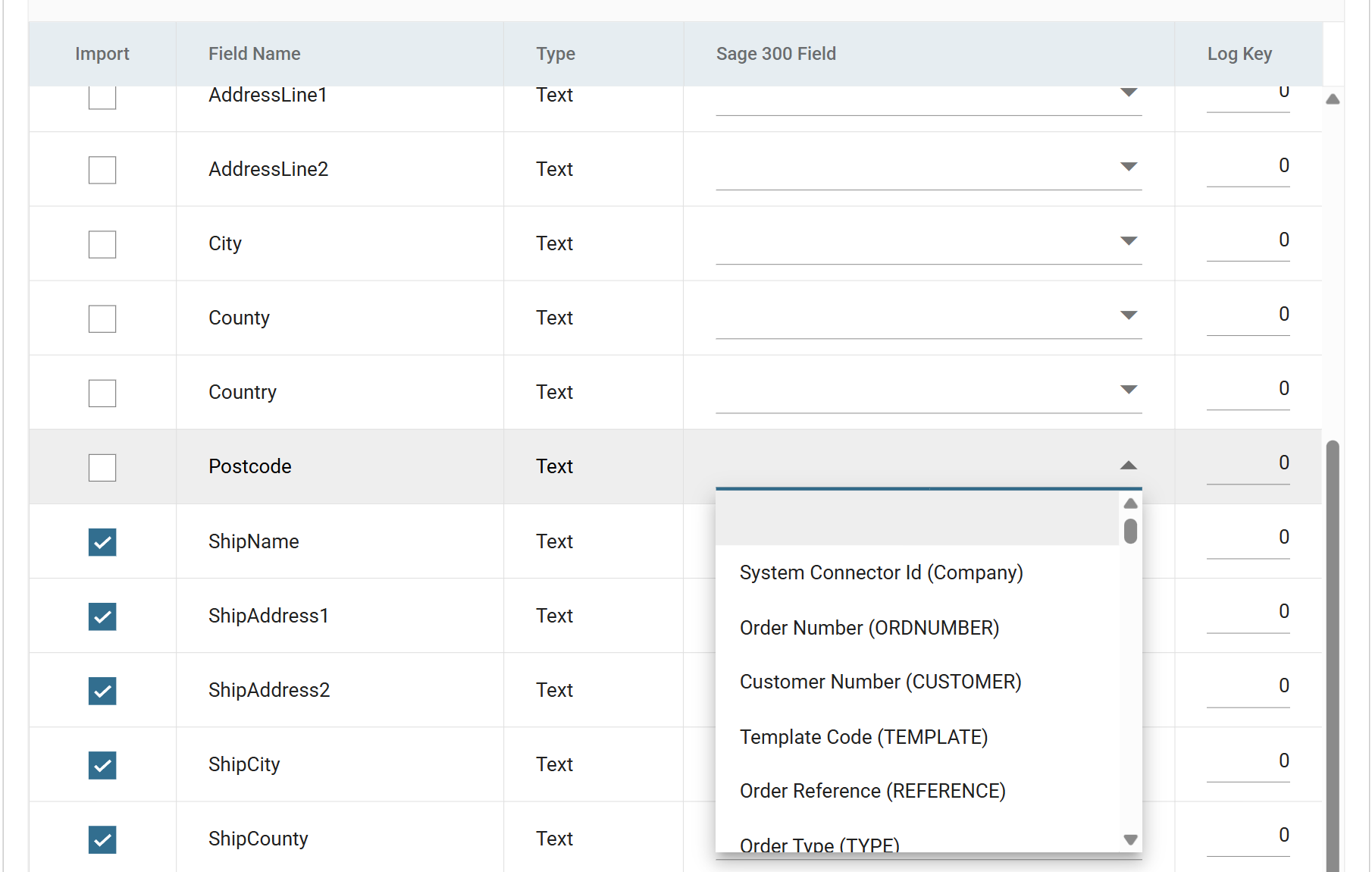 The field grid in edit mode with the Sage 300 Field drop-down open on the Postcode row, listing System Connector Id (Company), Order Number (ORDNUMBER), Customer Number (CUSTOMER), Template Code (TEMPLATE), Order Reference (REFERENCE) and Order Type (TYPE), above a blank first entry