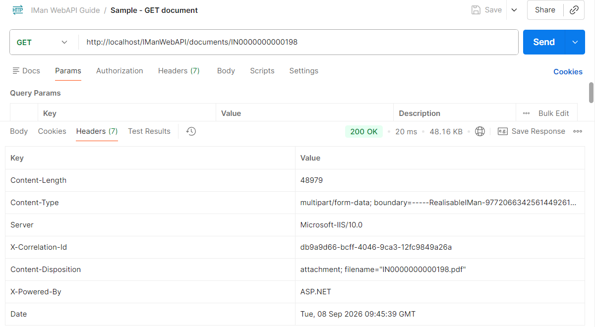 Postman's response pane for GET documents/IN0000000000198: 200 OK, the Headers tab showing Content-Type multipart/form-data with the writer's boundary and Content-Disposition attachment with the filename