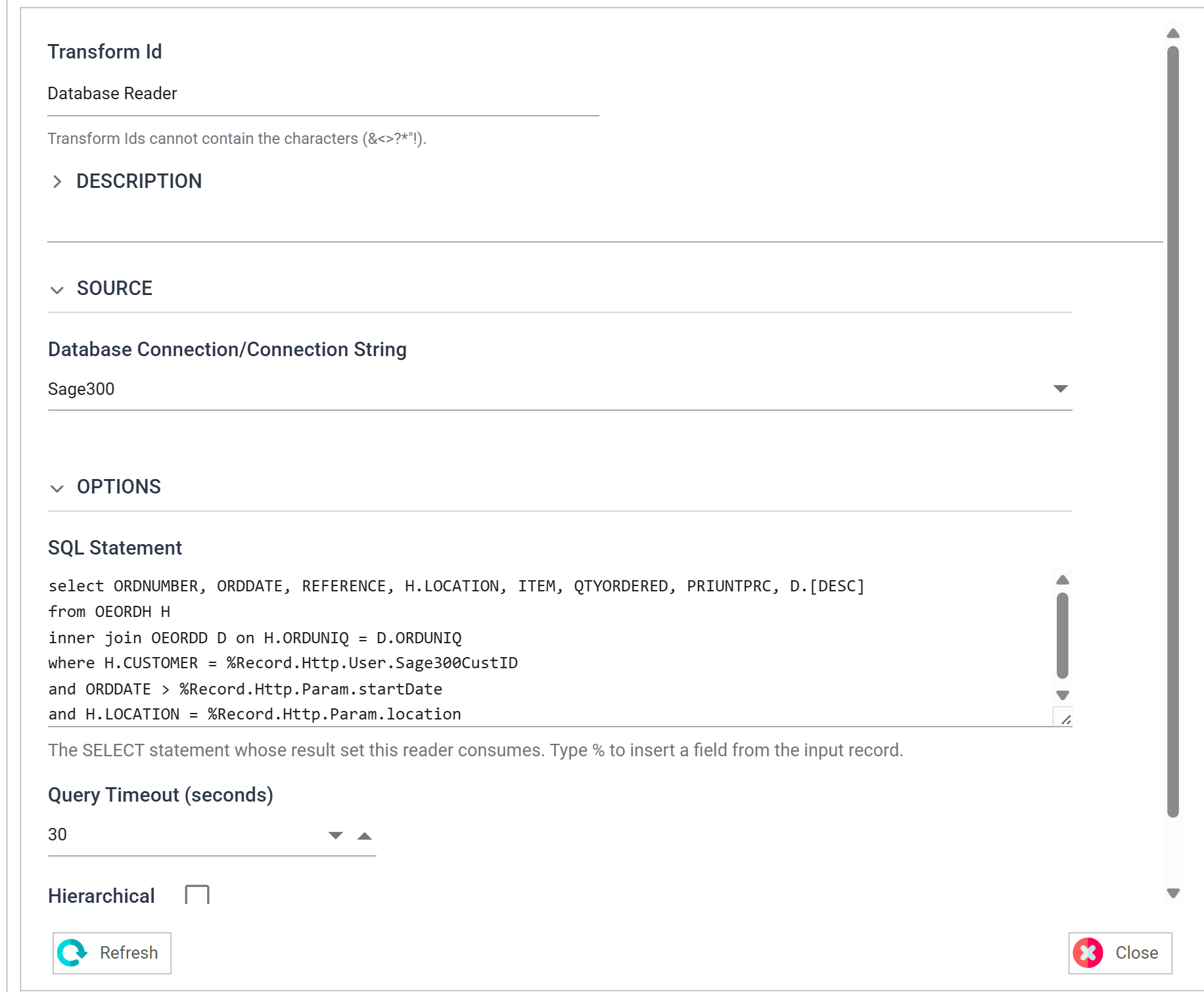 The Database Reader's Setup tab with the SQL statement above in its SQL Statement box