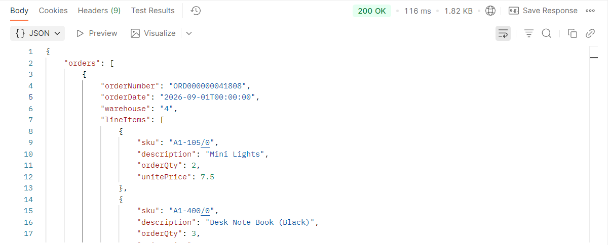 Postman's response pane showing 200 OK and a JSON body of orders, each with its order number, date, warehouse and line items