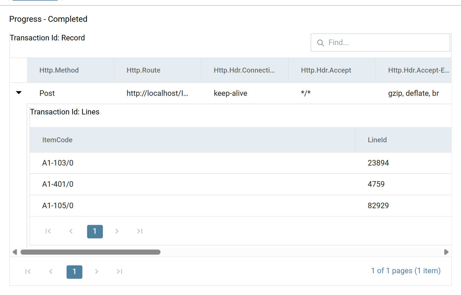 The preview pane showing the order record with orderNumber PO16262773 and, expanded beneath it, its three line items with lineId, sku, qty and description