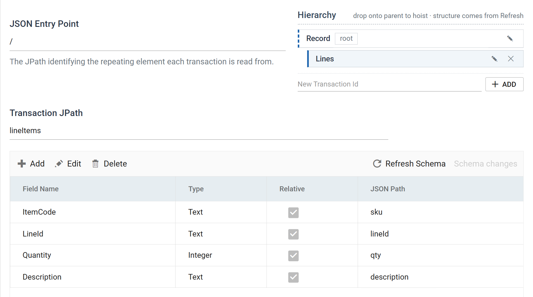 The JSON Reader's Field Mapping tab with its two transactions, Record and Lines, Lines selected with its Transaction JPath lineItems and its fields ItemCode, LineId, Quantity and Description