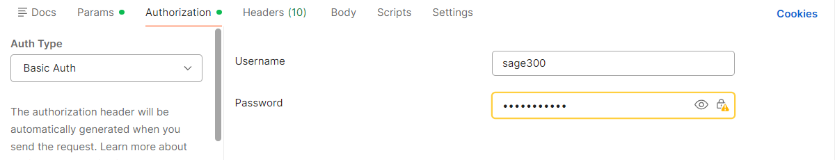 Postman's Authorization tab with Type set to Basic Auth, Username sage300 and the password hidden