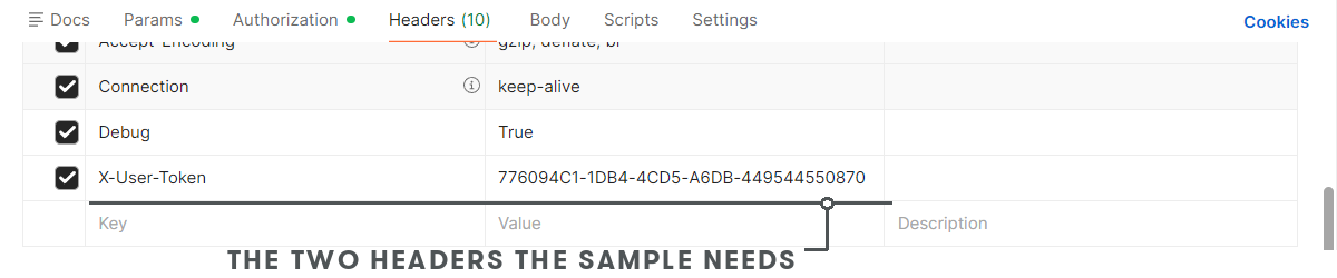 Postman's Headers tab with the two headers Debug, True, and X-User-Token, holding the web user's token, beneath the headers Postman adds itself. A callout marks the two