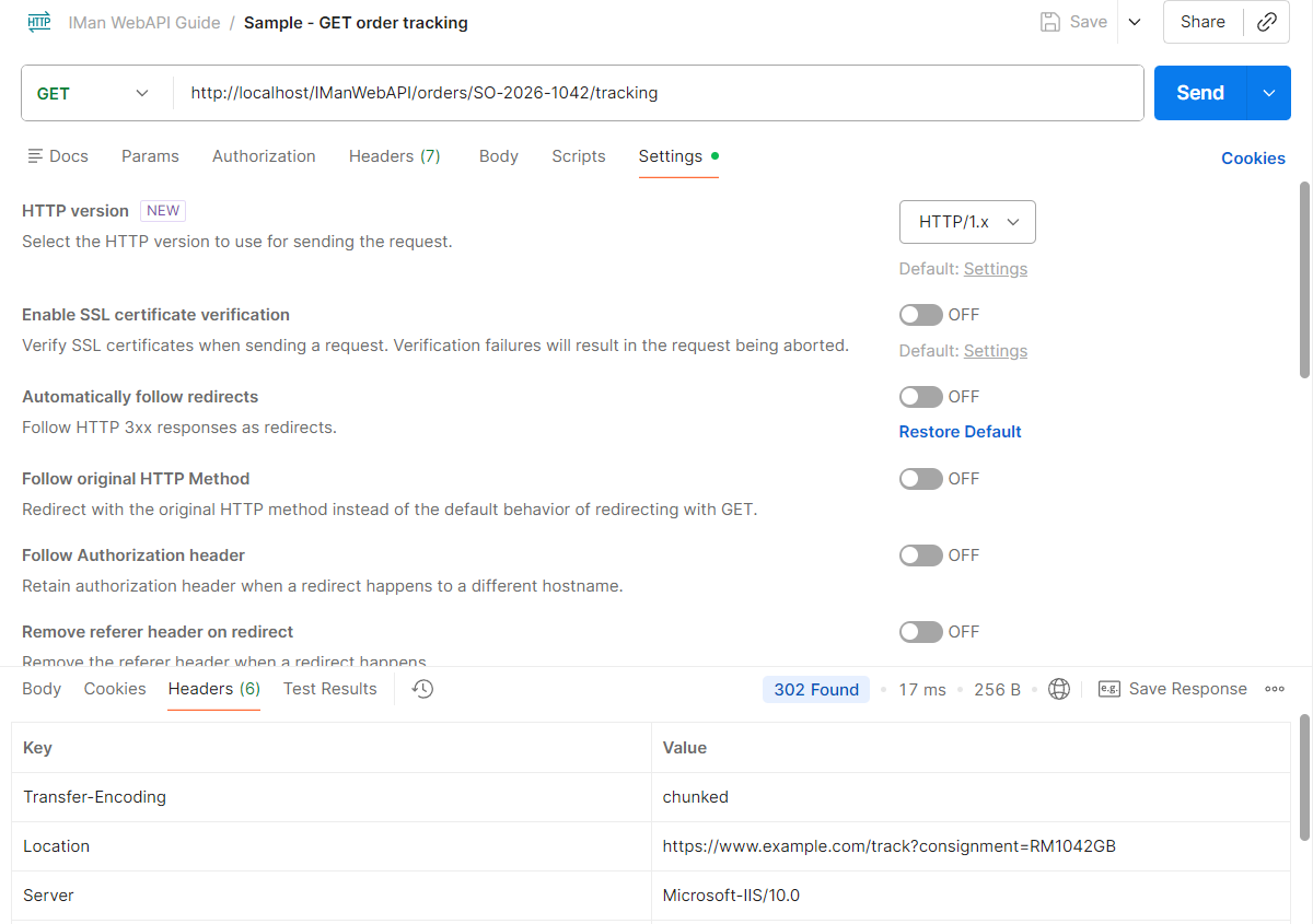 Postman's response pane for GET orders/SO-2026-1042/tracking with redirects not followed: 302 Found, the Headers tab showing Location https://www.example.com/track?consignment=RM1042GB, and an empty body
