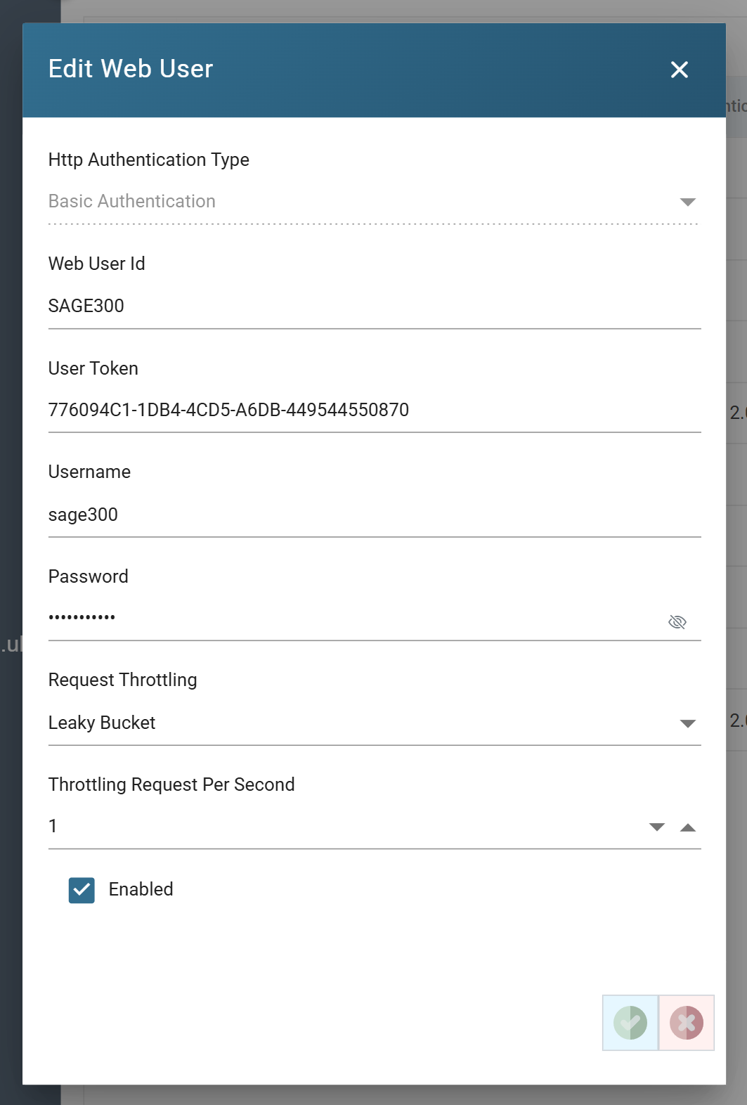 The Edit Web User dialog for SAGE300: Http Authentication Type Basic Authentication, the User Token, Username sage300, and Enabled ticked