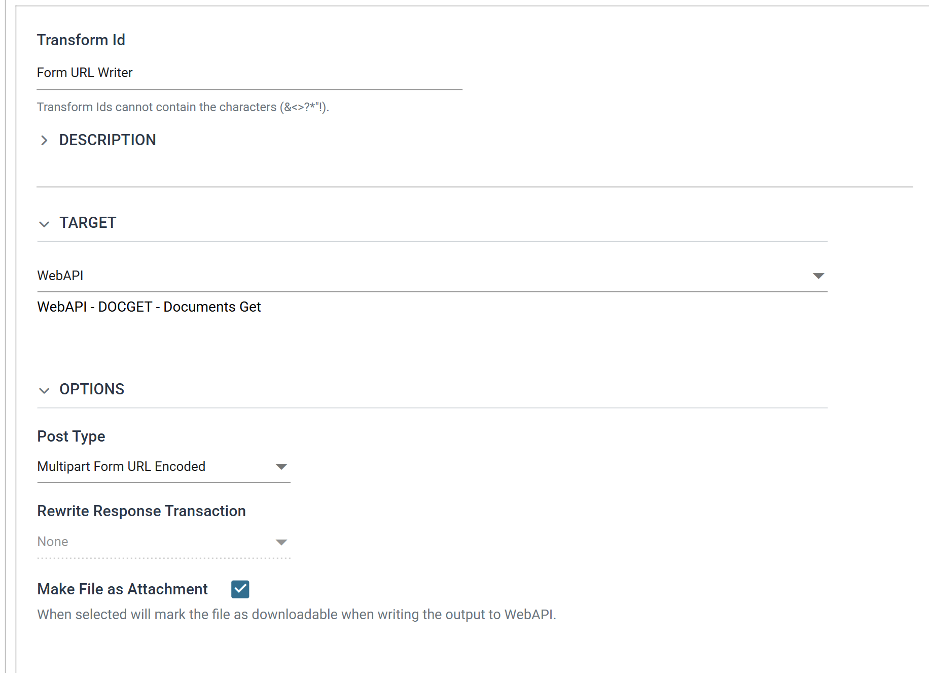 The Form URL Writer's Setup tab: Target WebAPI with the line WebAPI - DOCGET - Documents Get beneath it, Post Type Multipart Form URL Encoded, Rewrite Response Transaction None, and Make File as Attachment ticked