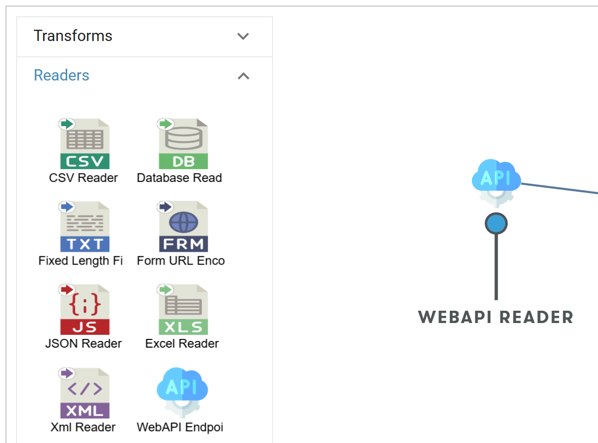 The Transform Setup tab with the Readers palette open and a WebAPI Endpoint reader on the design surface. A callout marks the reader