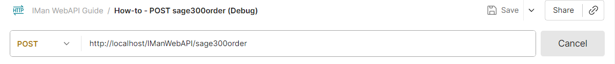 Postman's request line while the request is in flight: the Send button has become Cancel