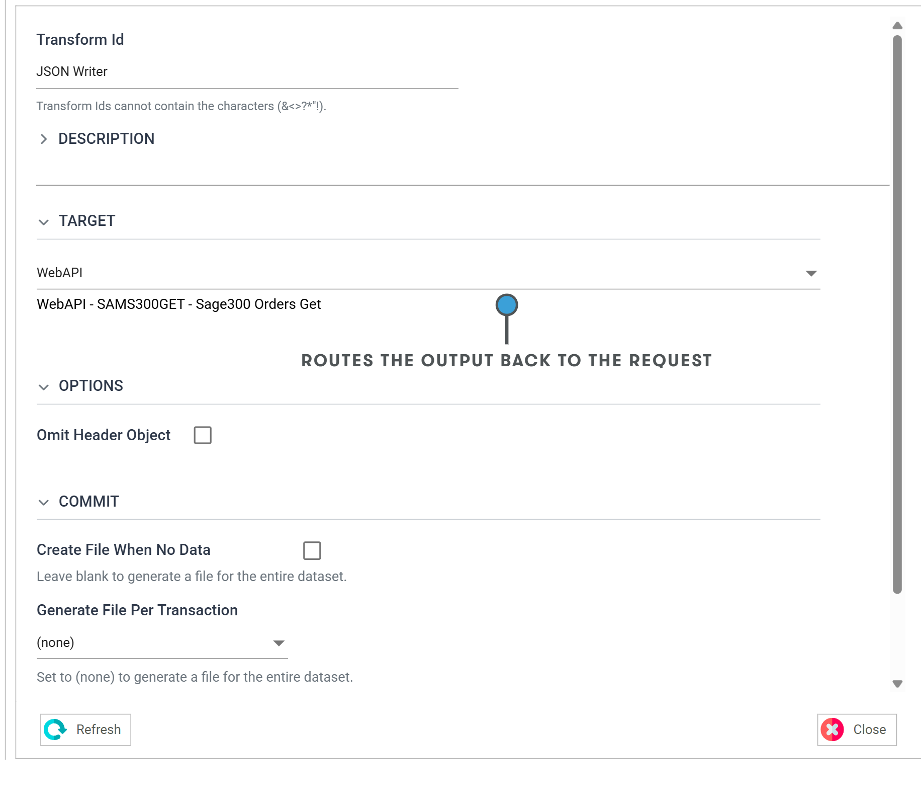 The JSON Writer's Setup tab with Target set to WebAPI and, beneath it, the line naming the endpoint. A callout says Routes the output back to the request