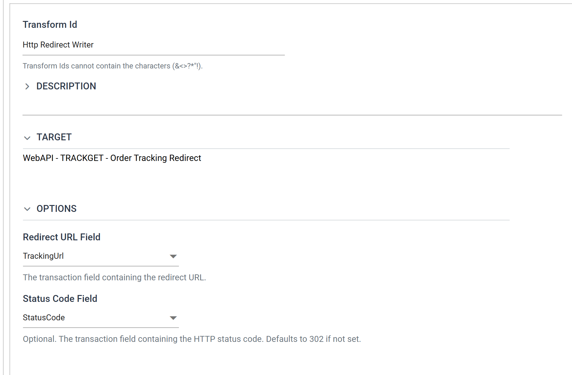 The Http Redirect Writer's Setup tab: the Target line WebAPI - TRACKGET - Order Tracking Redirect, Redirect URL Field TrackingUrl and Status Code Field StatusCode