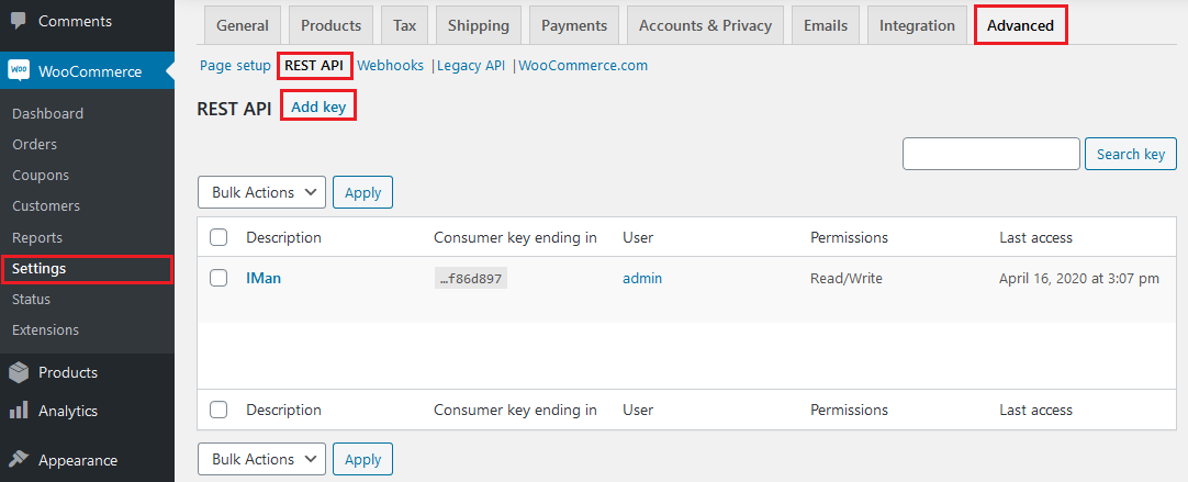 WooCommerce Settings, Advanced, REST API