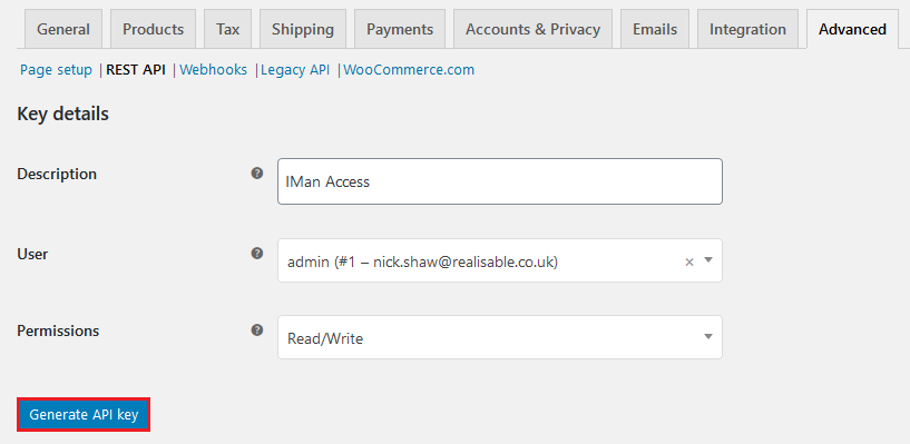 Generating an API key for a user