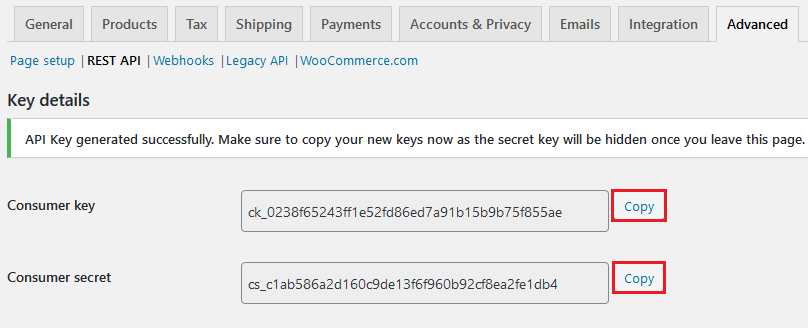 The generated consumer key and secret