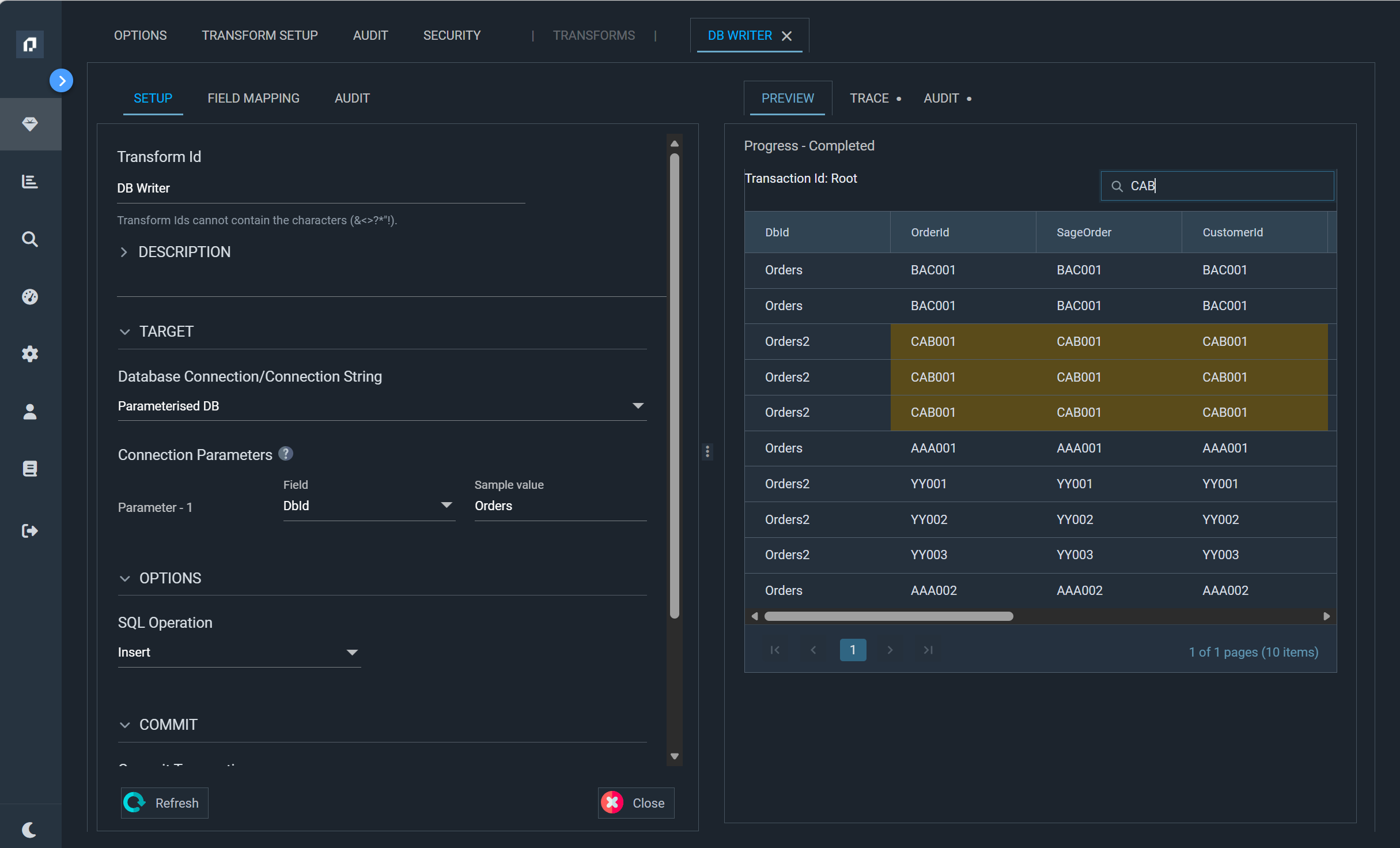 The Designer in dark mode, with a DB Writer's Setup tab on the left and its preview grid on the right