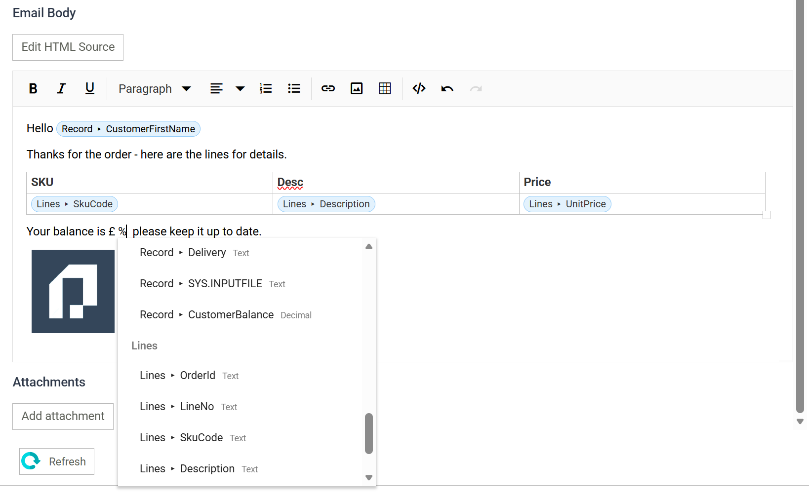 The Email Body editor in its visual mode, with merge fields shown as chips, a table of Lines fields and the % picker open on the Record and Lines fields