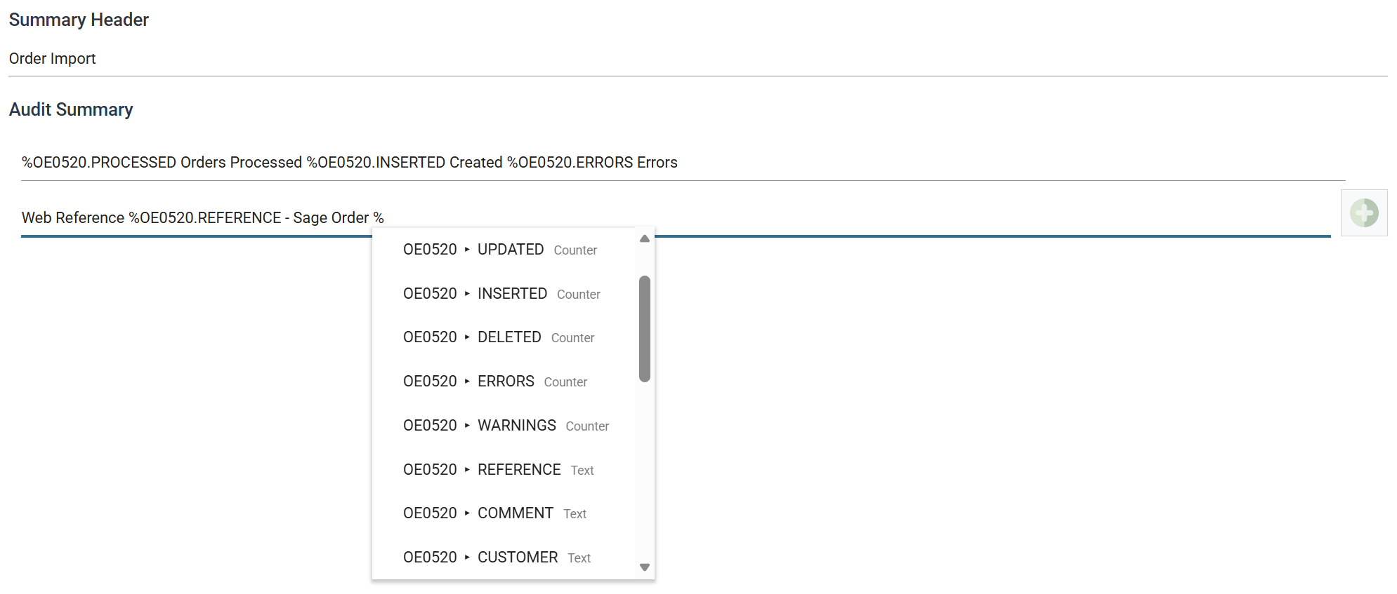 The Audit Summary box with its hint list open beneath it, listing the Expando values of the OE0520 writer: the UPDATED, INSERTED, DELETED, ERRORS and WARNINGS counters and the REFERENCE, COMMENT and CUSTOMER text fields