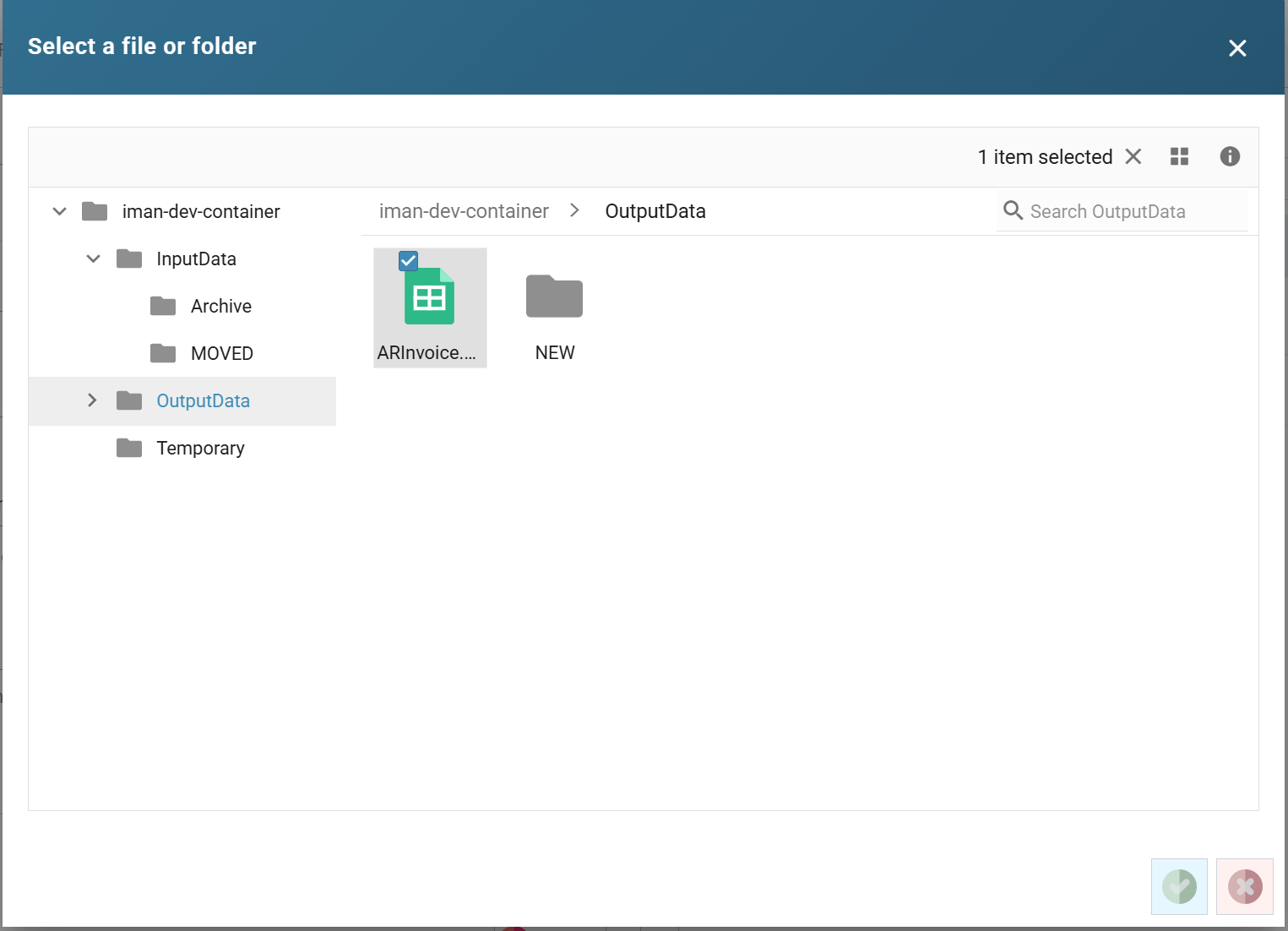 The Select a file or folder dialog browsing the iman-dev-container Blob container, with ARInvoice.xlsx selected in the OutputData folder