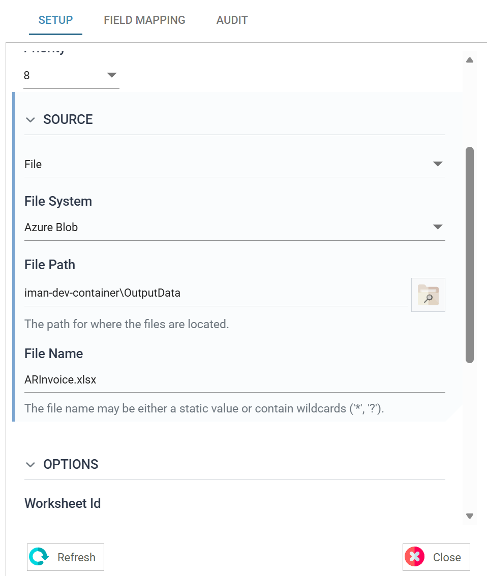 A reader's Source section with the File System set to Azure Blob, the File Path iman-dev-container\OutputData, and the browse button beside it