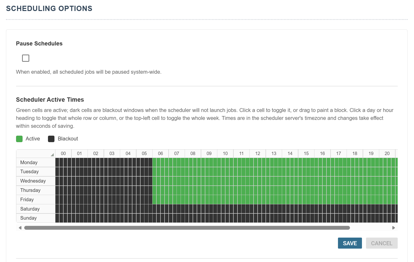 The Scheduling Options screen with the Scheduler Active Times grid, the working week active from 06:00 in green and the hours before it blacked out