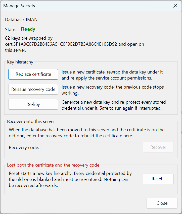 The Manage Secrets window for database IMAN in the Ready state. The detail reads "62 keys are wrapped by cert:3F1A…5D92 and open on this server." The Key hierarchy group holds the Replace certificate, Reissue recovery code and Re-key buttons, each with a description. The Recover onto this server group holds a Recovery code box and a Recover button, both unavailable. The group Lost both the certificate and the recovery code holds a Reset... button. A Close button is at the bottom