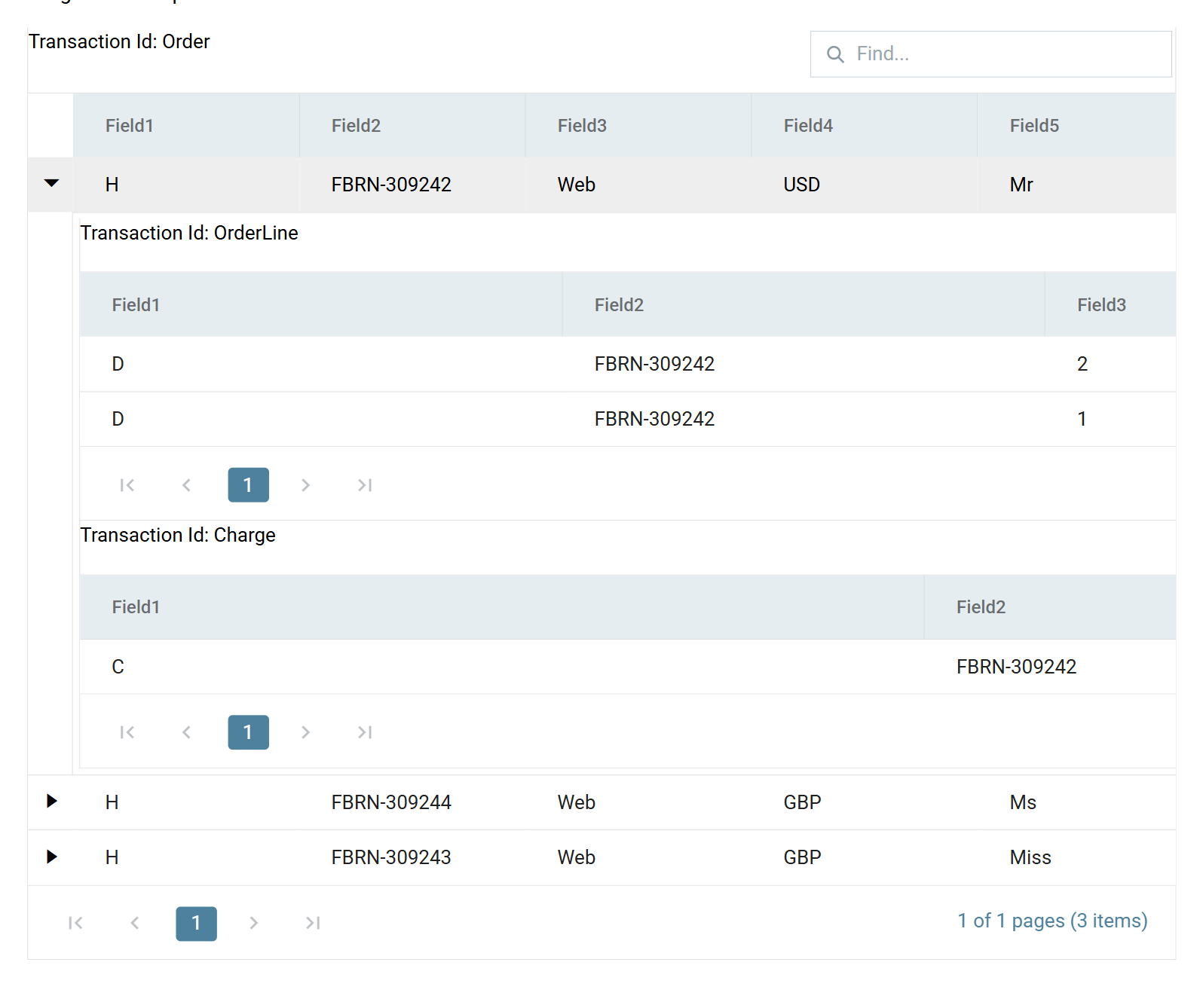 The preview grid showing three Order rows, each expandable to reveal its own OrderLine and Charge children, with FBRN-309242 expanded to show two lines and one charge.