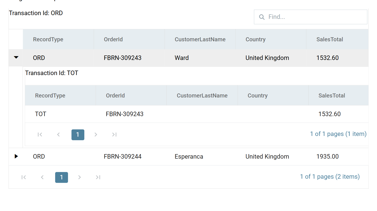 The preview grid for the Order Totals Reader, showing ORD rows each expandable to reveal a TOT child carrying the same OrderId and SalesTotal.