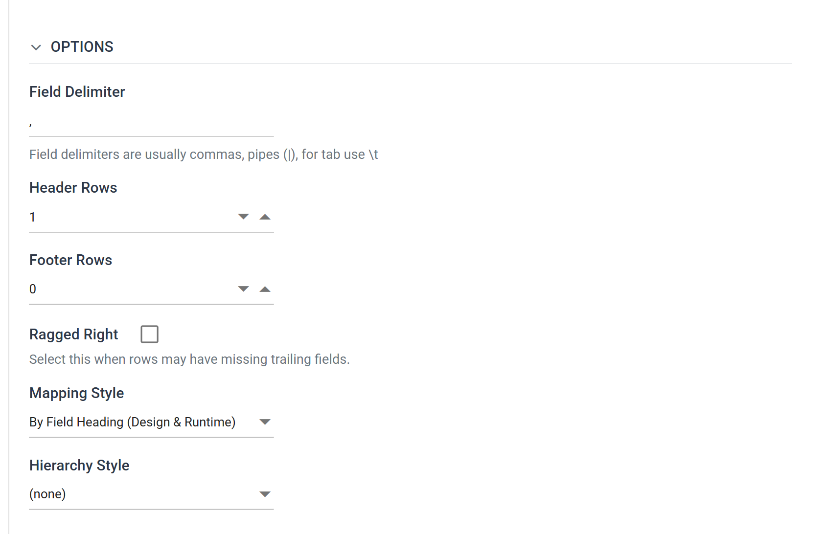 The CSV Reader Setup tab, Options section. Field Delimiter is a comma, Header Rows 1, Footer Rows 0, Ragged Right clear, Mapping Style By Field Heading (Design & Runtime) and Hierarchy Style (none).