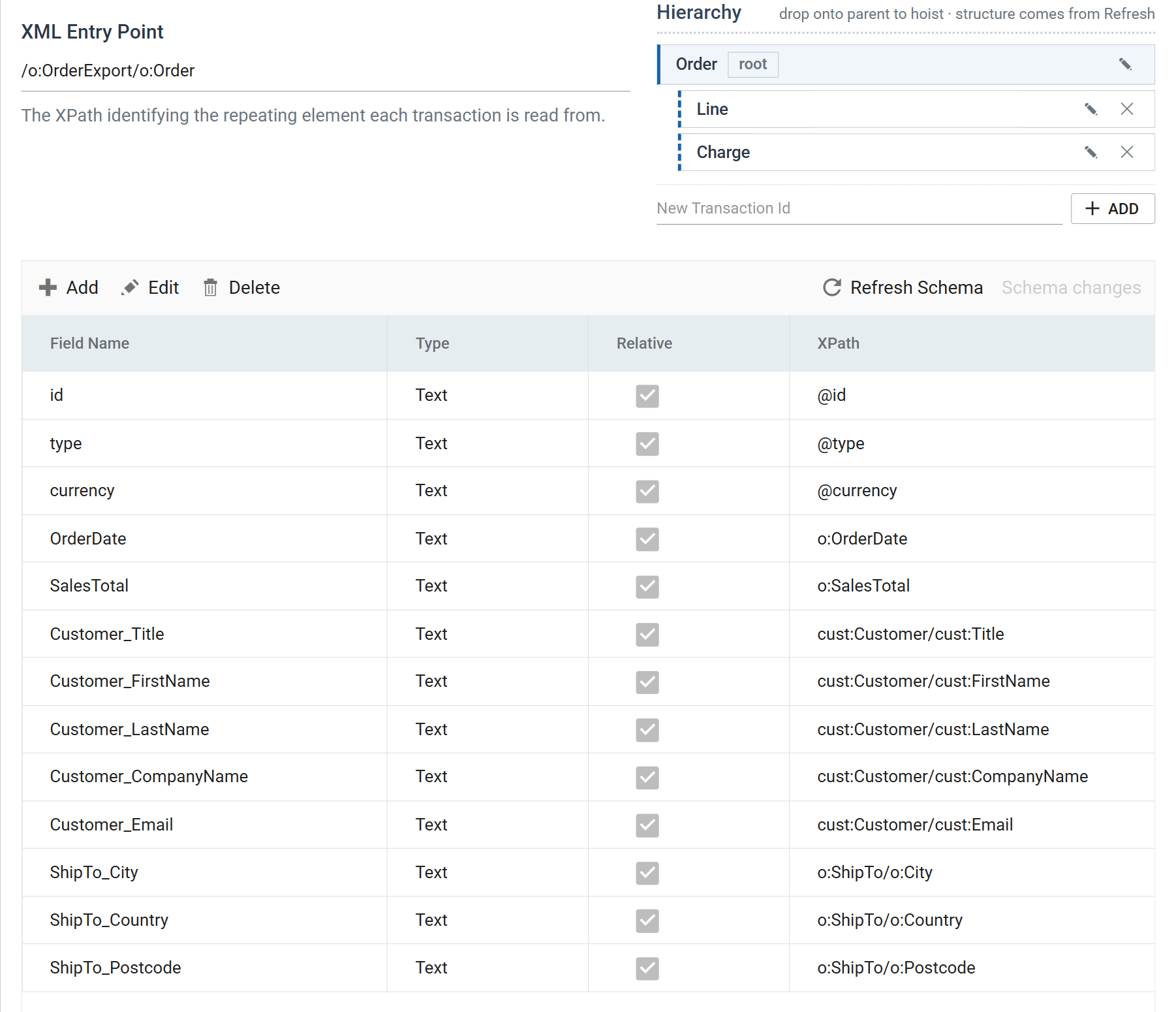 The Order transaction's field grid, with columns Field Name, Type, Relative and XPath. Rows include id mapped to at-sign id, type to at-sign type, currency to at-sign currency, OrderDate to o colon OrderDate, and Customer underscore Title to cust colon Customer slash cust colon Title.
