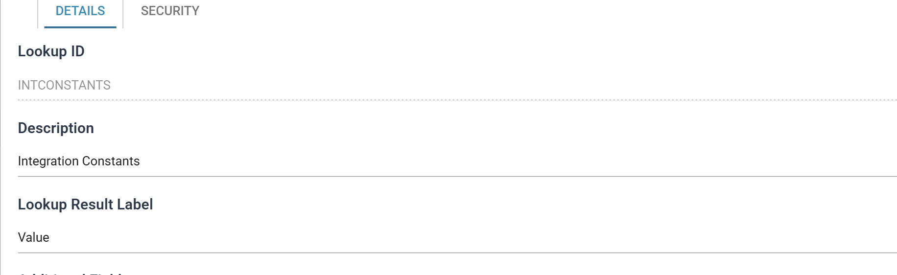 The Lookup Tables editor, DETAILS tab. Lookup ID INTCONSTANTS, Description Integration Constants, Lookup Result Label Value.