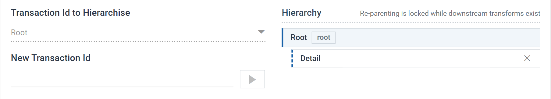 The top of the Hierarchy Field Mapping tab: the Transaction Id to Hierarchise dropdown, the New Transaction Id box with its add button, and the hierarchy showing Root with Detail beneath it.