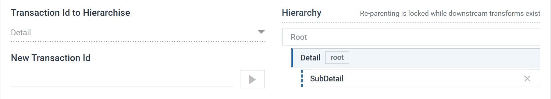 The second Hierarchy's Field Mapping tab, with Transaction Id to Hierarchise set to Detail and the hierarchy showing Root, Detail and SubDetail.