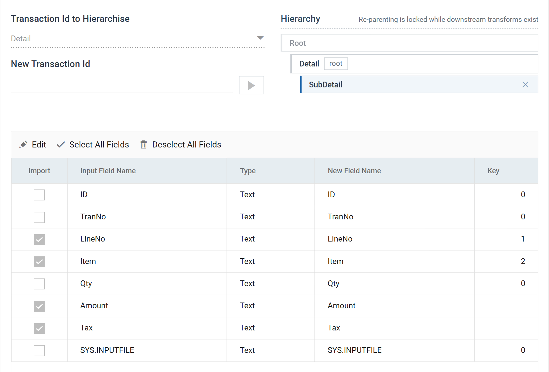 The field grid on SubDetail. LineNo and Item carry keys 1 and 2; ID, TranNo, Qty and SYS.INPUTFILE are unticked, leaving Amount and Tax imported.