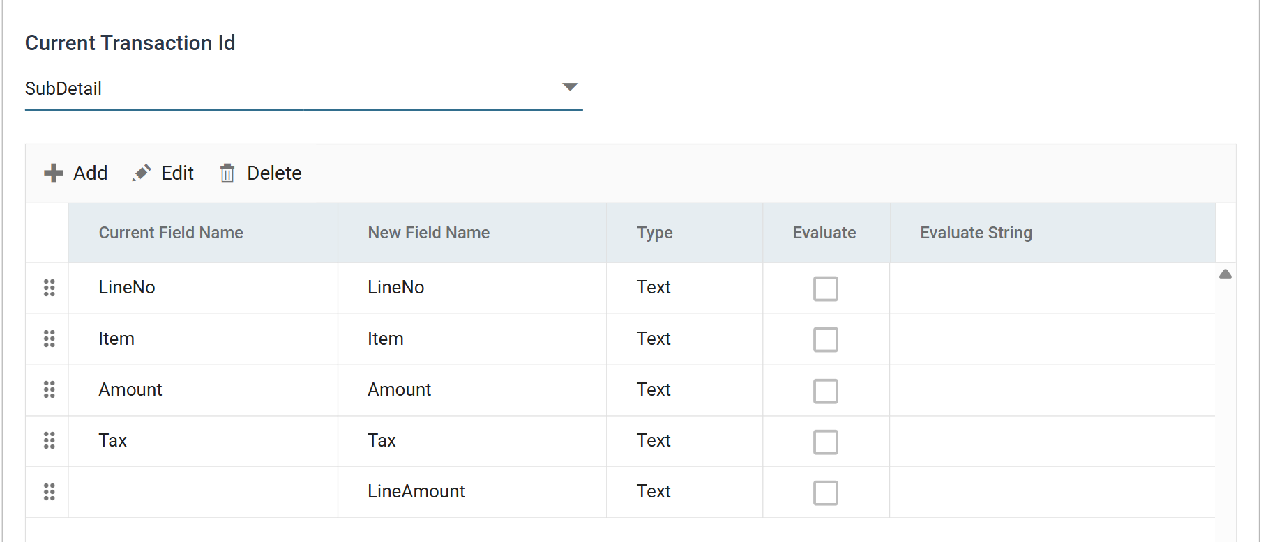 The Map field grid on SubDetail, with LineAmount added below LineNo, Item, Amount and Tax.