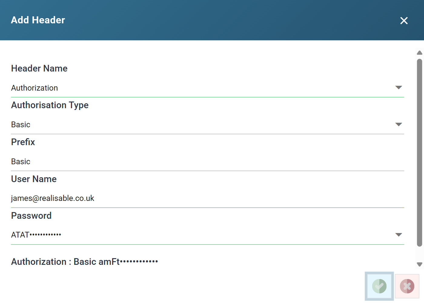 The Add Header dialog set up for JIRA: Header Name Authorization, Authorisation Type Basic, Prefix Basic, an Atlassian account email address as the User Name, and an API token as the Password.