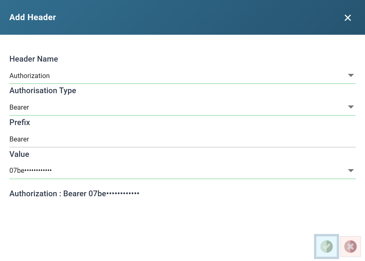 The Add Header dialog set up for Todoist: Header Name Authorization, Authorisation Type Bearer, Prefix Bearer, and the personal API token as the Value. There is no User Name field.