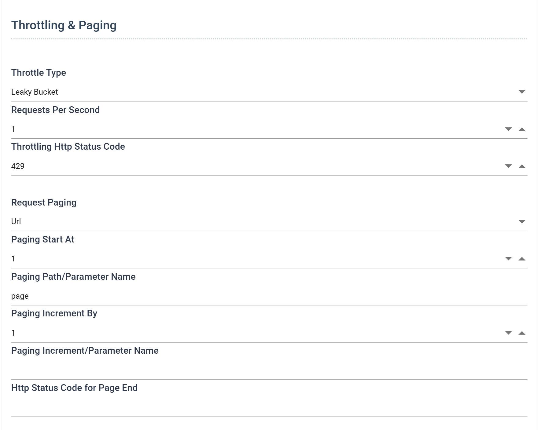 The Throttling and Paging section of the Xero behaviour: Throttle Type Leaky Bucket with Requests Per Second 1 and Throttling Http Status Code 429, then Request Paging Url with Paging Start At 1, Paging Path slash Parameter Name page, Paging Increment By 1, and an empty Paging Increment slash Parameter Name and Http Status Code for Page End.