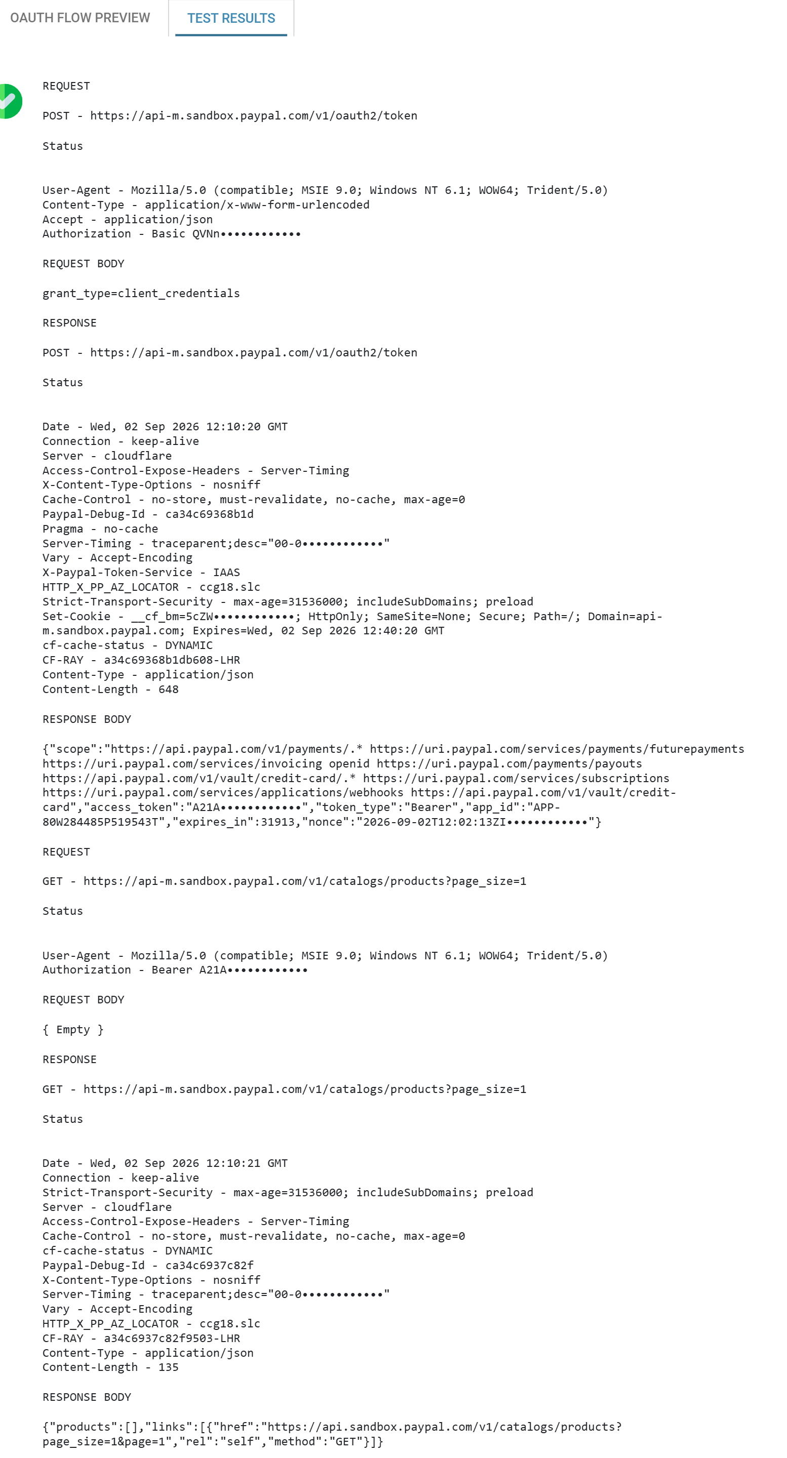 The Test Results tab after a successful test, listing the token request and the authenticated API request with their responses.