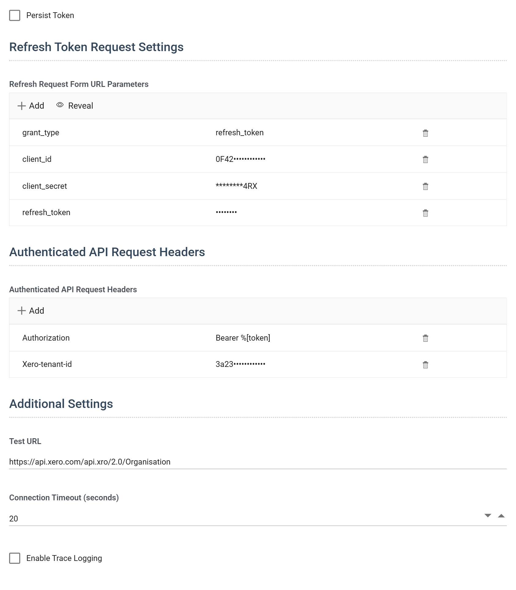 The lower half of the form: the Persist Token checkbox, the Refresh Token Request Settings section with its Refresh Request Form URL Parameters, with Add and Reveal buttons, listing grant type refresh token, a client id this picture cuts short, a masked client secret and a masked refresh token, the Authenticated API Request Headers holding Authorization and Xero-tenant-id, and the Test URL.