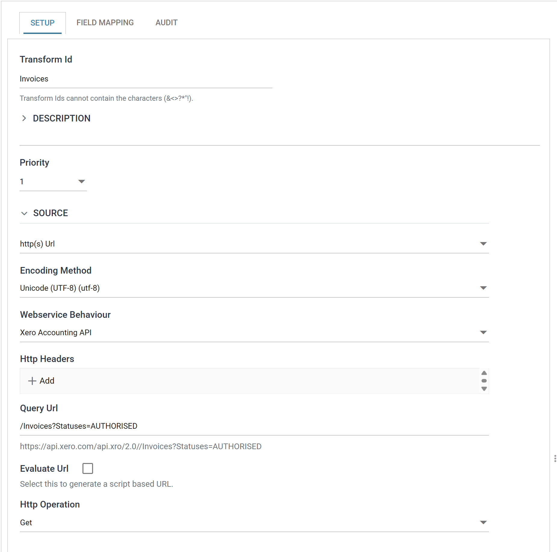 The JSON Reader Setup tab. Transform Id is Invoices, the Source drop-down is set to http(s) Url, Encoding Method to Unicode UTF-8, Webservice Behaviour to Xero Accounting API, the Http Headers list is empty, and Query Url holds slash Invoices question mark Statuses equals AUTHORISED with Http Operation set to Get.