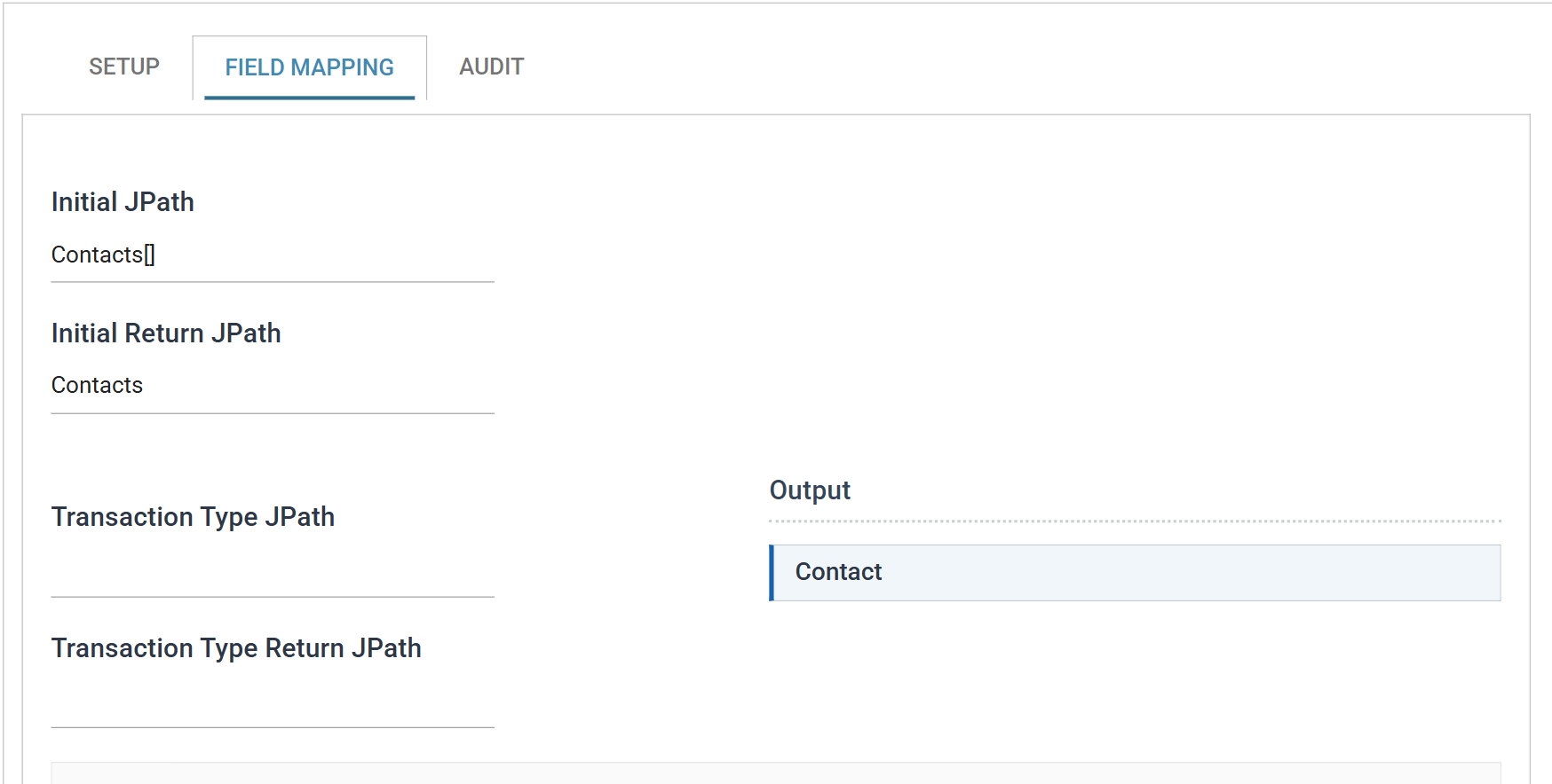 The JSON Writer Field Mapping tab. Initial JPath holds Contacts with square brackets, Initial Return JPath holds Contacts, and Transaction Type JPath and Transaction Type Return JPath are both empty. The Output panel on the right shows a single transaction, Contact.