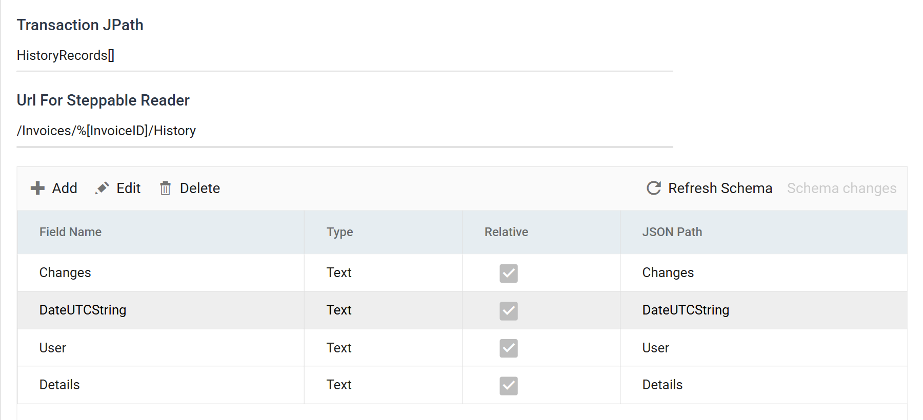 The History child transaction selected, with Transaction JPath set to HistoryRecords with an array suffix and Url For Steppable Reader set to slash Invoices slash the bracketed InvoiceID token slash History, and a field grid holding Changes, DateUTCString, User and Details.
