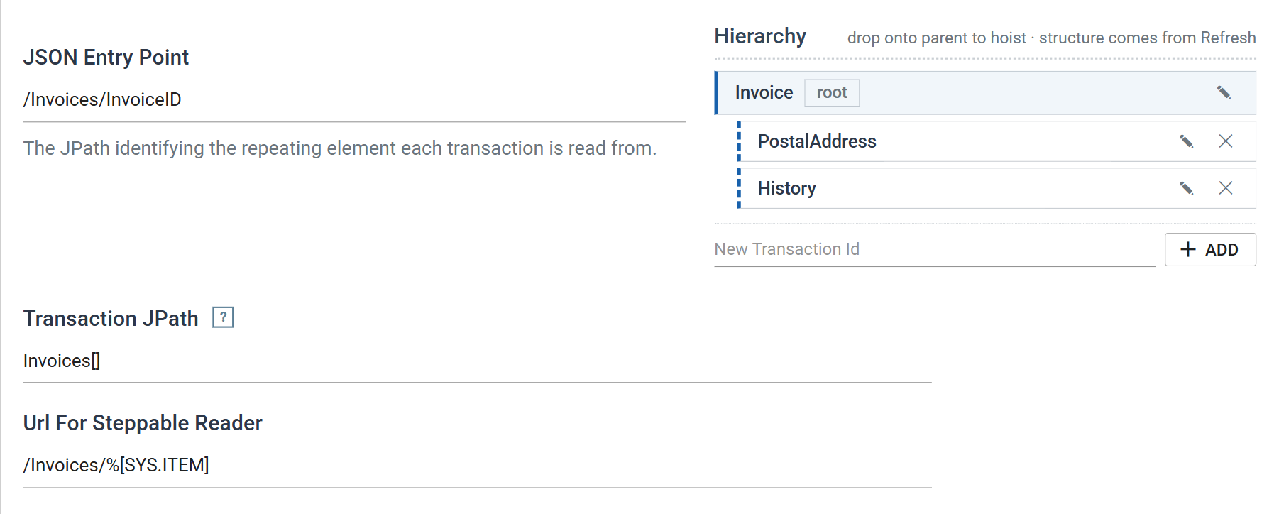 The Field Mapping tab with the top transaction Invoice selected, showing JSON Entry Point set to slash Invoices slash InvoiceID, the Hierarchy tree holding Invoice with PostalAddress and History beneath it, Transaction JPath set to Invoices with an array suffix, and Url For Steppable Reader set to slash Invoices slash the bracketed SYS.ITEM token.