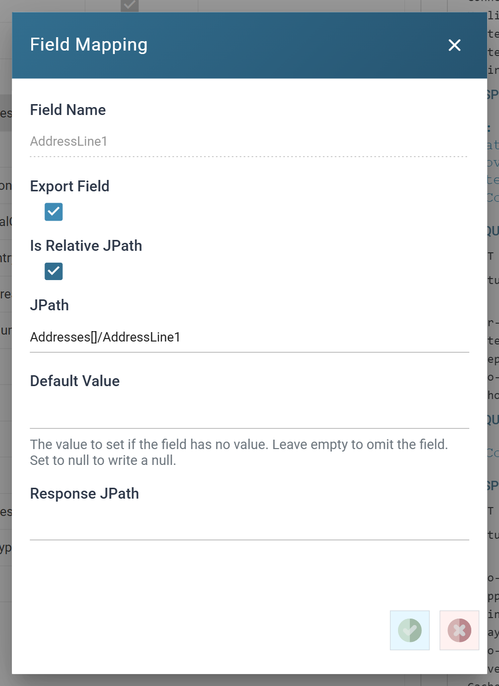 The JSON Writer's field dialog for AddressLine1. Field Name is AddressLine1, Export Field is ticked, Is Relative JPath is ticked, JPath is Addresses square brackets slash AddressLine1, and Default Value is empty with its help text below.
