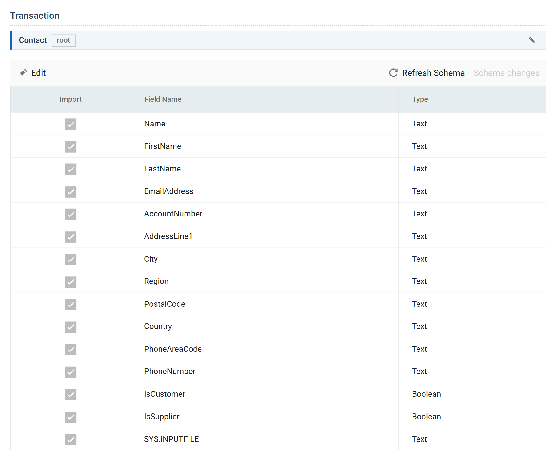 The CSV Reader Field Mapping tab. Fifteen fields are listed with their types; IsCustomer and IsSupplier are Boolean and every other field is Text.