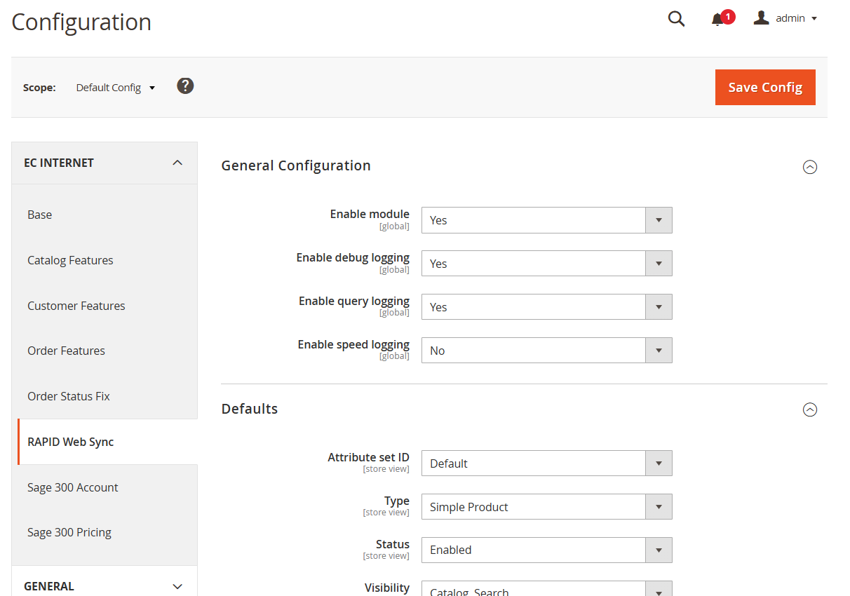 RAPID Web Sync configuration in the Magento back end