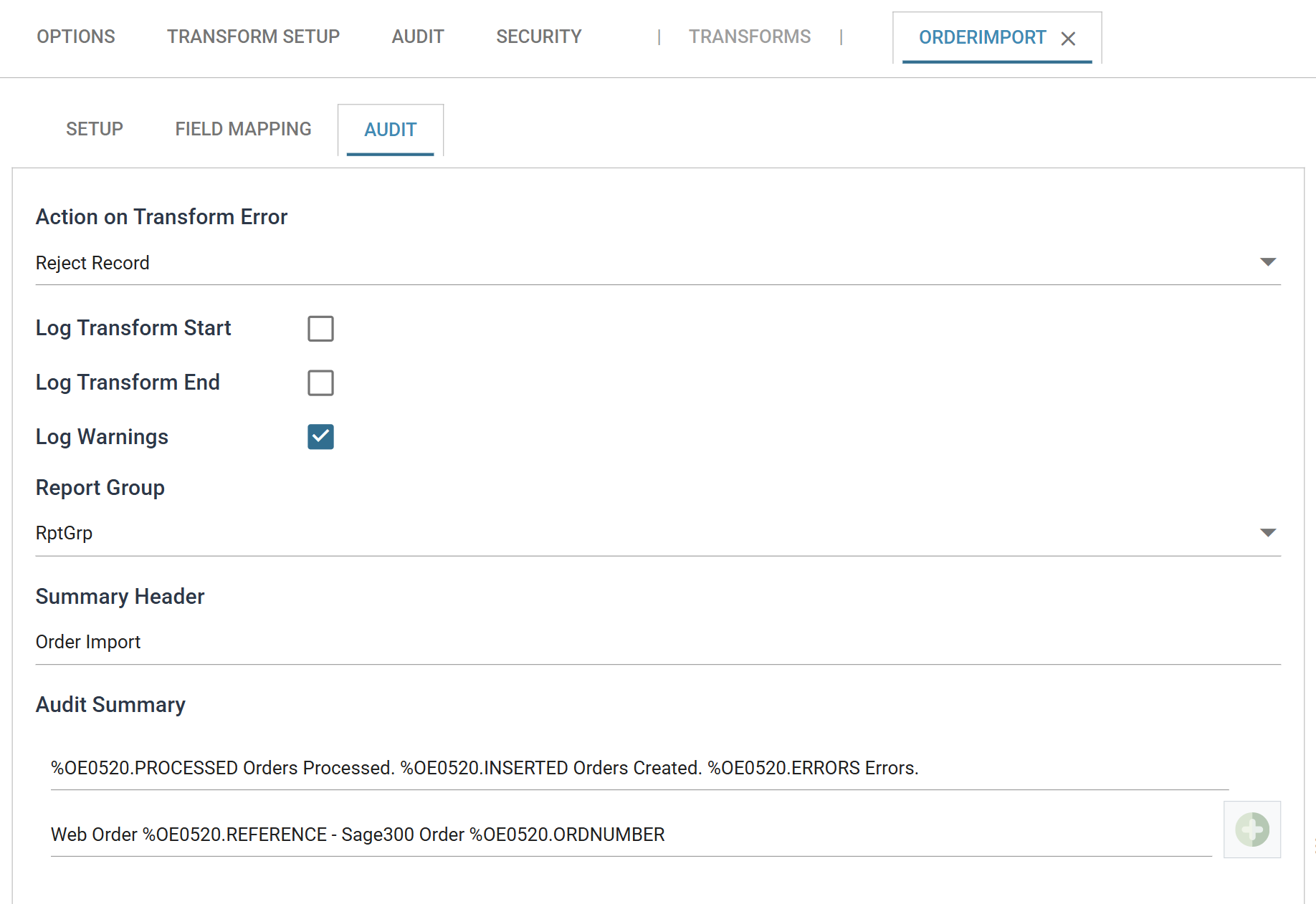 The Audit tab of a connector's setup screen: Action on Transform Error, the Log Transform Start, End and Warnings check boxes and a Report Group at the top, then the Summary Header and the Audit Summary list of report lines