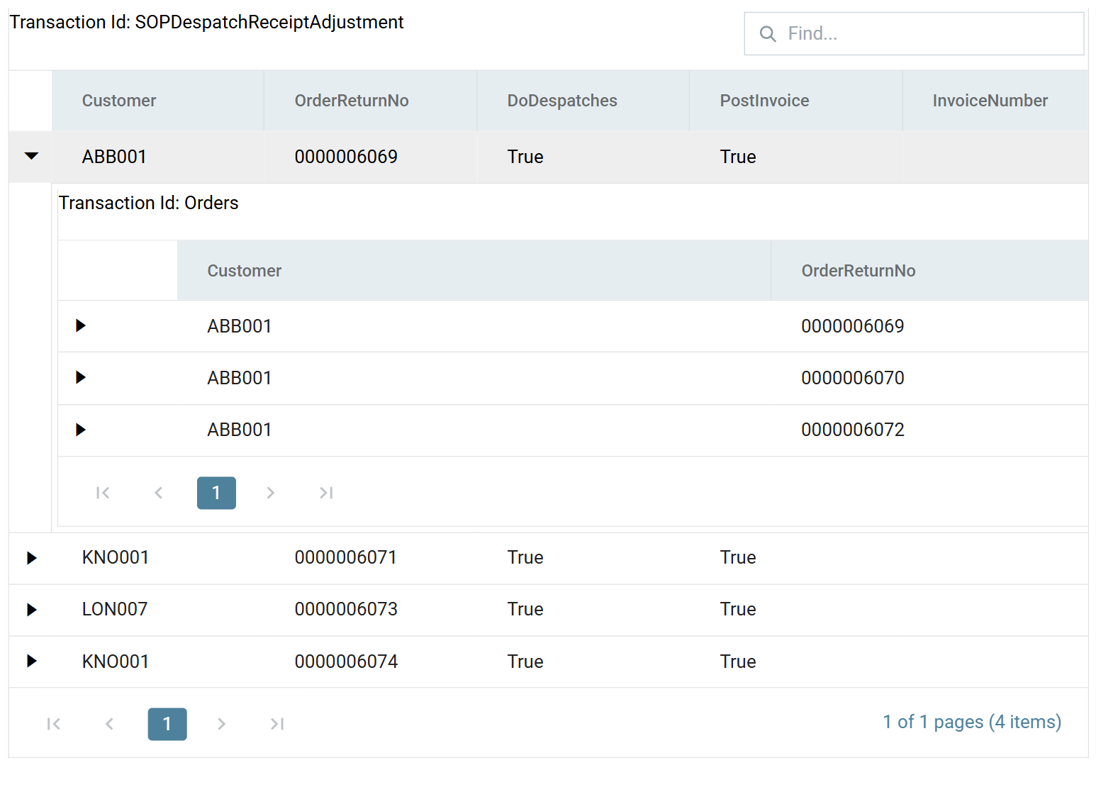 The transform's preview after a refresh: four rows, the first expanded to show a nested Orders transaction listing ABB001's three order numbers 0000006069, 0000006070 and 0000006072