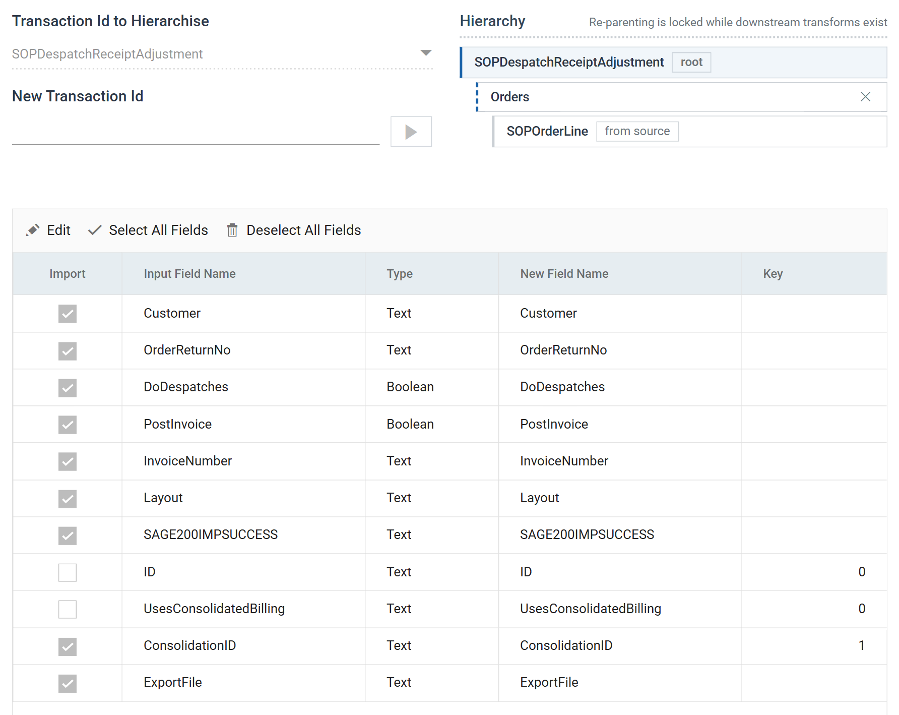 The second Hierarchy transform's Field Mapping tab: SOPDespatchReceiptAdjustment as root with a new child transaction Orders, SOPOrderLine carried from source, and a field grid in which ConsolidationID is the only field carrying a Key