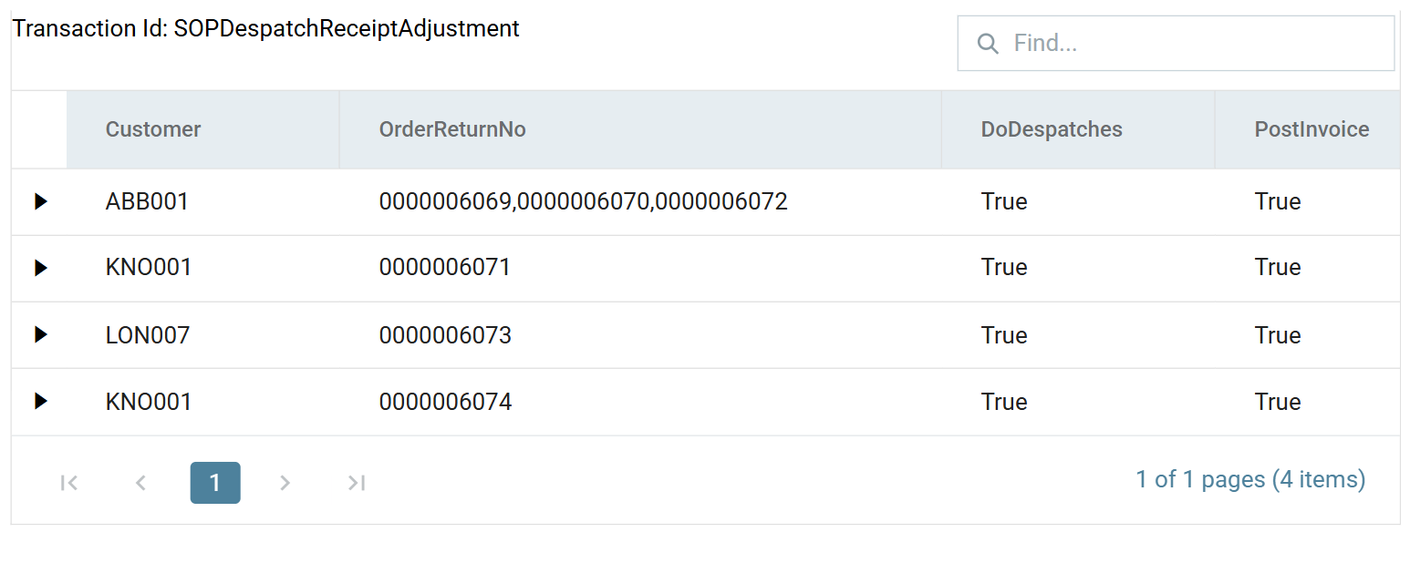 The transform's preview: four rows, ABB001's OrderReturnNo now reading 0000006069,0000006070,0000006072 and the other three rows holding a single order number each